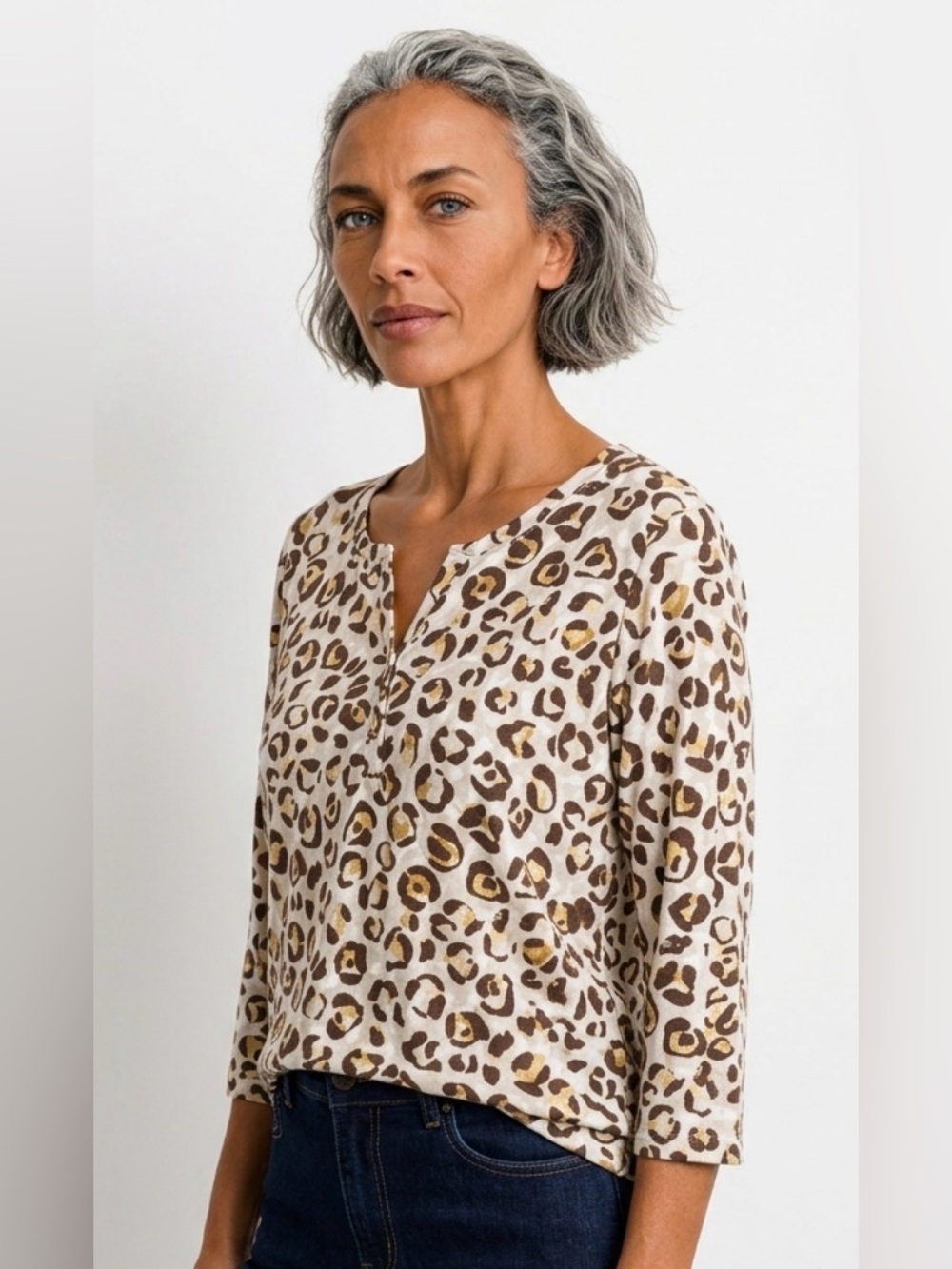 Karen Scott Cheetah Leopard Print Henley Top - Plus 1X